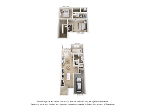 3-bedroom, 2 1/2-bath apartment floorplan with two levels, a one-car attached garage, full bedroom and 1 1/2 baths on main level, and two additional full bedrooms and one bath on the top.